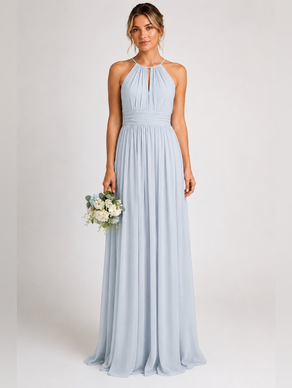 Bill Levkoff Julia Bridesmaids Dress 4 Mist Blue Chiffon Halter Pleated Formal